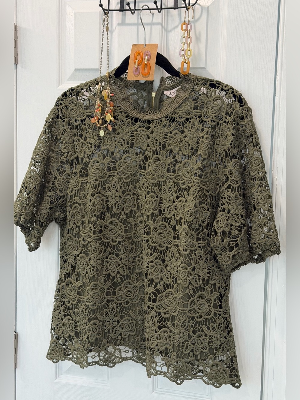 Nanette Lepore Olive Floral Lace Short-Sleeve Top